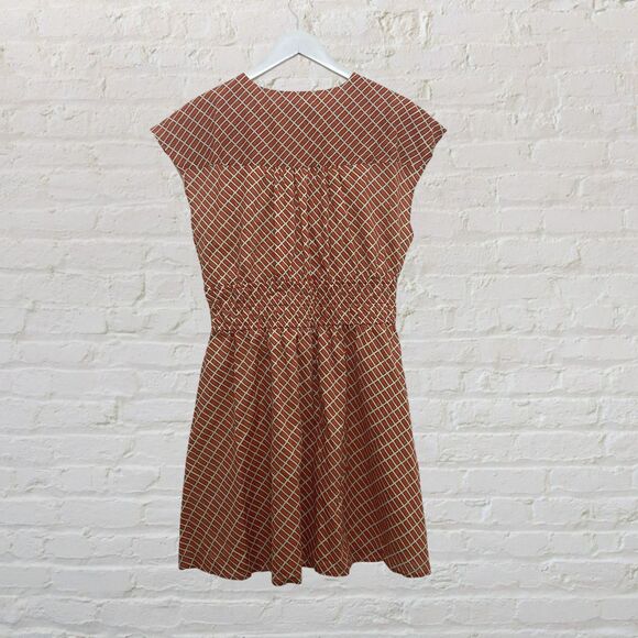 Banana Republic Factory Voile Mini Dress Size L Shirred Waist Orange Geo Print - Picture 4 of 16